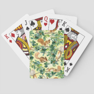 Watercolor squirrels, oak seamless pattern. playing cards