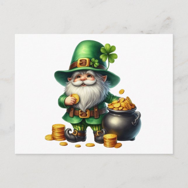 Watercolor St Patrick Leprechaun Pot Of Gold Postcard (Front)