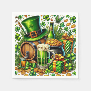 Watercolor St Patrick's Day Beer, Coins & Shamrock Napkin