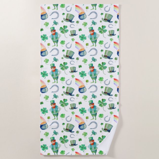 Watercolor St. Patrick's Day Pattern Beach Towel (Front)