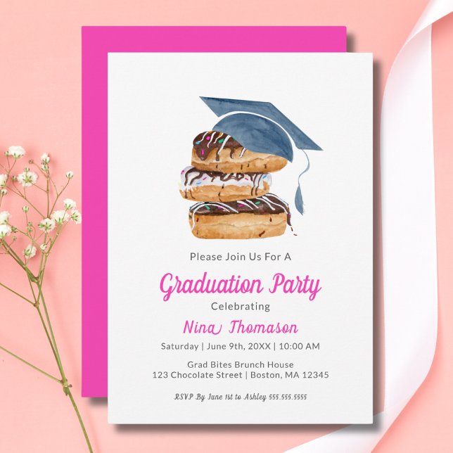 Watercolor Stack of Doughnuts with Graduation Cap Invitation (Creator Uploaded)