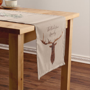 Watercolor stag and winter foliage table runner