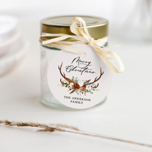 watercolor stag floral merry christmas favour tags