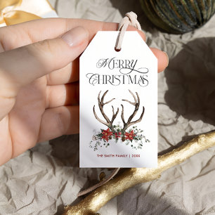Watercolor Stag Greenery Botanical Merry Christmas Gift Tags