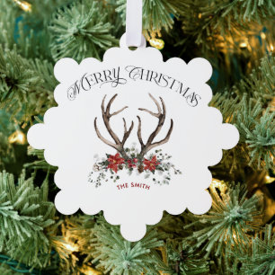 Watercolor Stag Greenery Merry Christmas Photo Ornament Card