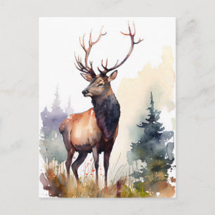 Watercolor Stag with Majestic Antlers in the Fores Postcard