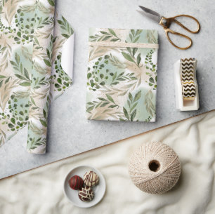 Watercolor Stain Greenery Eucalyptus Gold Glitter Wrapping Paper