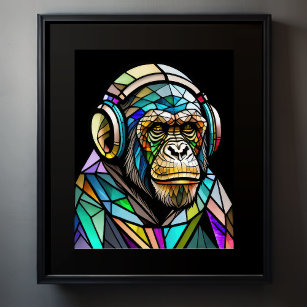 Watercolor Stained Glass Chimp Wearing Headphones Poster