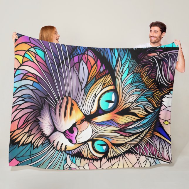 Watercolor Stained Glass Style Cat Fleece Blanket (In Situ)