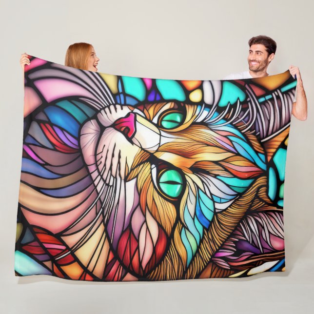 Watercolor Stained Glass Style Cat Fleece Blanket (In Situ)
