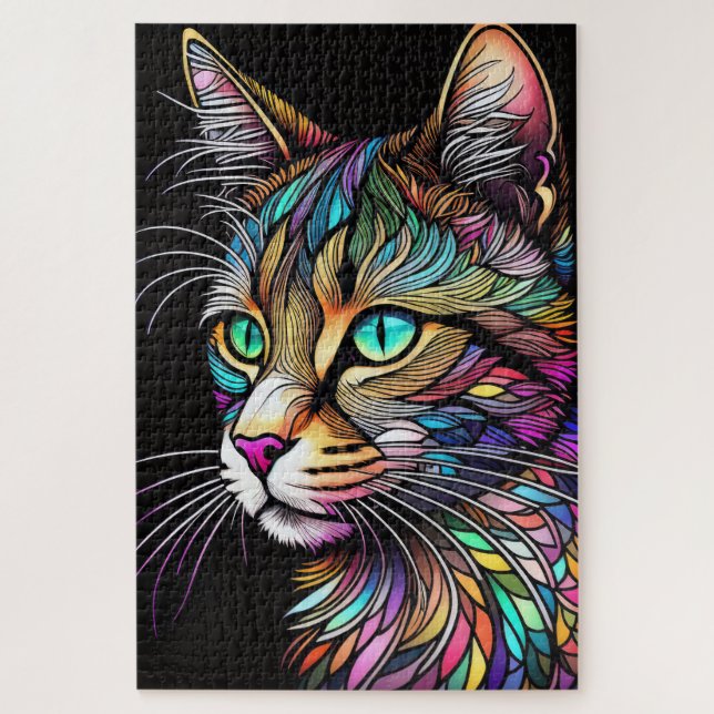 Watercolor Stained Glass Style Cat Jigsaw Puzzle (Vertical)