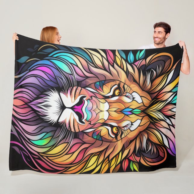 Watercolor Stained Glass Style Lion Fleece Blanket (In Situ)