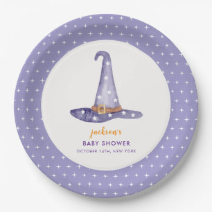 Watercolor Star Little Boo Witch Hat Baby Shower Paper Plate