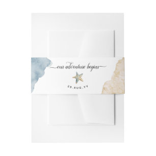 Watercolor Starfish Beach Wedding Dusty Blue Invitation Belly Band