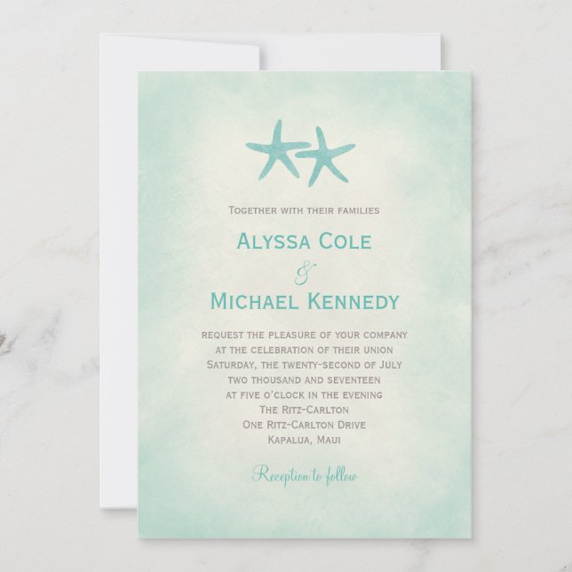 Watercolor Starfish Beach Wedding Invitation (Front)