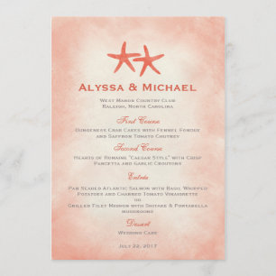 Watercolor Starfish Beach Wedding Menu Card Coral