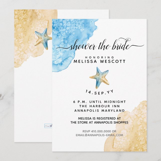 Watercolor Starfish Coastal Beach Bridal Shower Invitation (Front/Back)