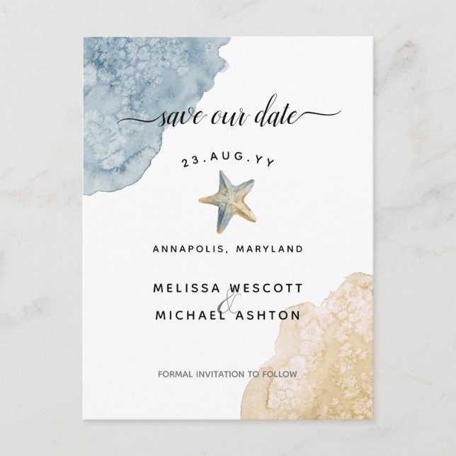 Watercolor Starfish Dusty Blue Save Our Date Announcement Postcard (Front)
