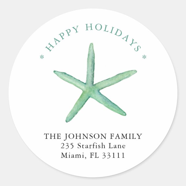 Watercolor Starfish Happy Holiday address  Classic Round Sticker (Front)