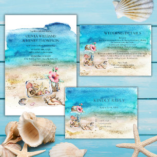 Watercolor Starfish & Seashells Beach Wedding Invitation