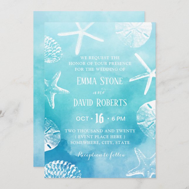 Watercolor Starfish & Seashells Beach Wedding Invitation (Front/Back)