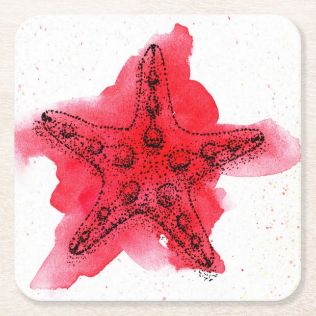 Watercolor Starfish Square Paper Coaster (Front)
