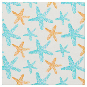 Watercolor Starfish Teal Orange Pattern Fabric