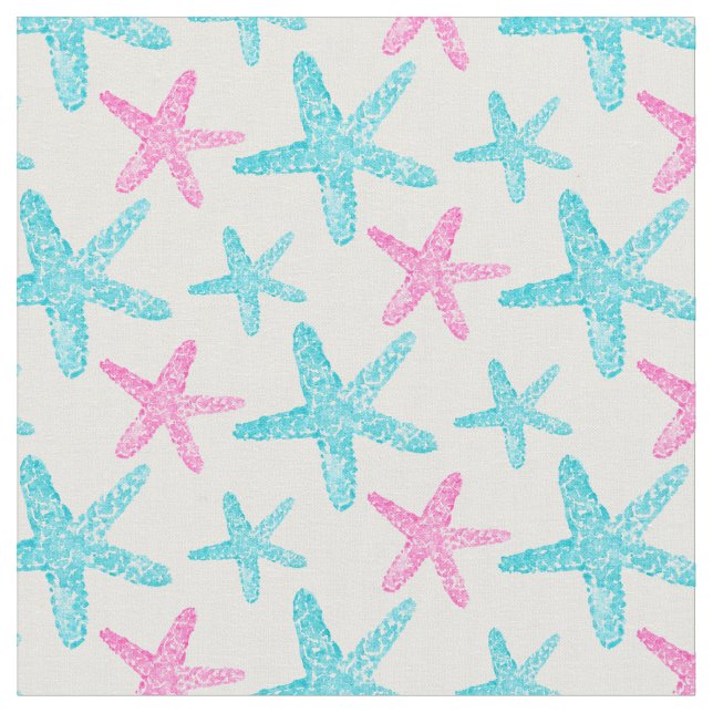 Watercolor Starfish Teal Pink Pattern Fabric (Close Up)
