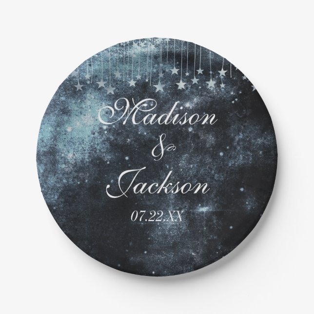 Watercolor Starry Night Celestial Wedding Monogram Paper Plate (Front)