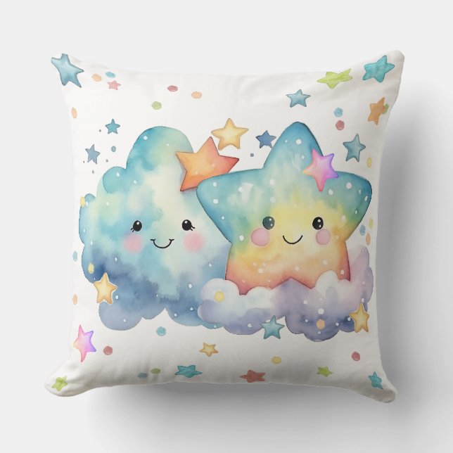 Watercolor Starry Night With Clouds Throw Pillow (Front)