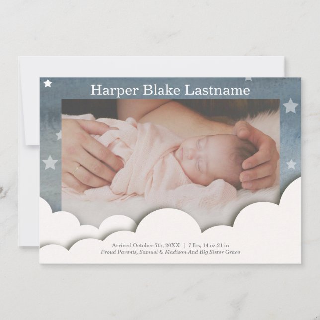 Watercolor Stars Baby Stats Photo Birth Announcement (Front)