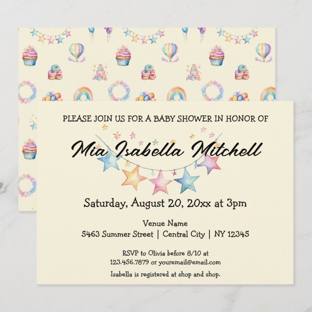 Watercolor Stars Cute Baby Shower Invitation (Front/Back)