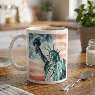 Watercolor Statue of Liberty with American flag Coffee Mug