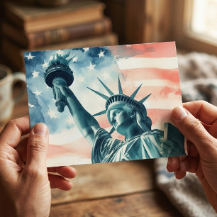 Watercolor Statue of Liberty with American flag Postcard