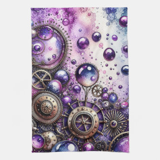 Watercolor Steampunk Bubbles & Gears Kitchen Towel
