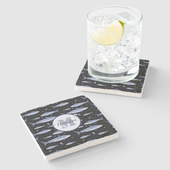 Watercolor Steel Blue Black Shark Monogram Coaster (Side)