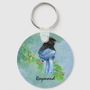 Watercolor Stellar Jay Bird Custom Name Nature Keychain