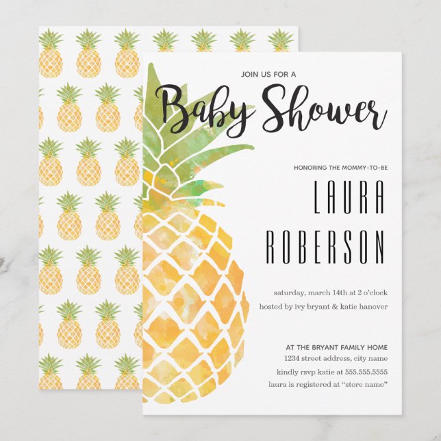 Watercolor Stencil Pineapple Baby Shower Invitation (Front/Back)
