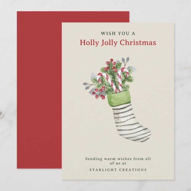 Watercolor Stocking Christmas Business  Holiday Card (Front/Back)