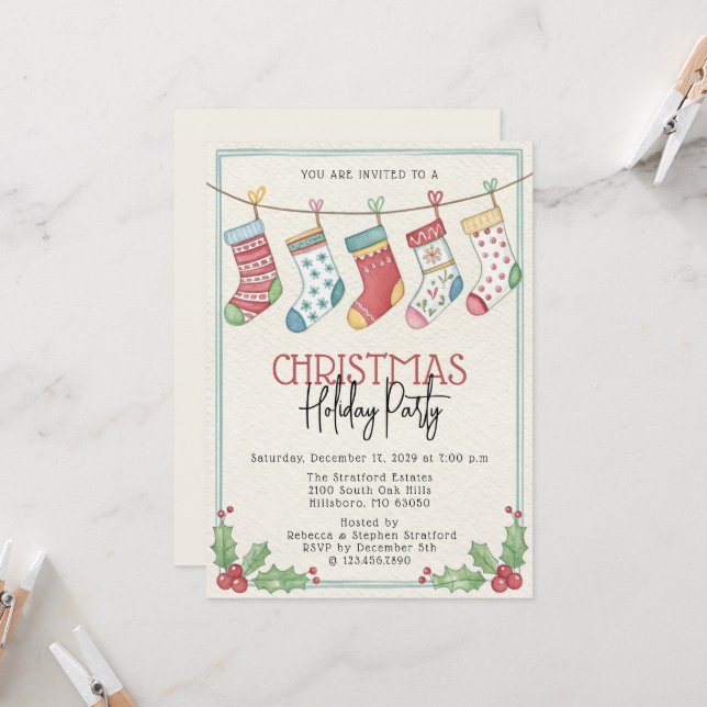 Watercolor Stockings Christmas Holiday Party Invitation (Front/Back In Situ)