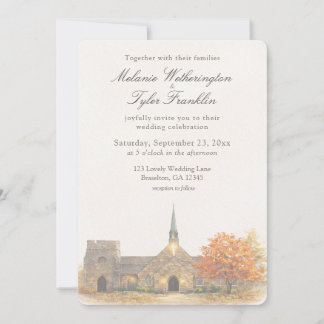 Watercolor Stone Chapel Fall Wedding Invitation