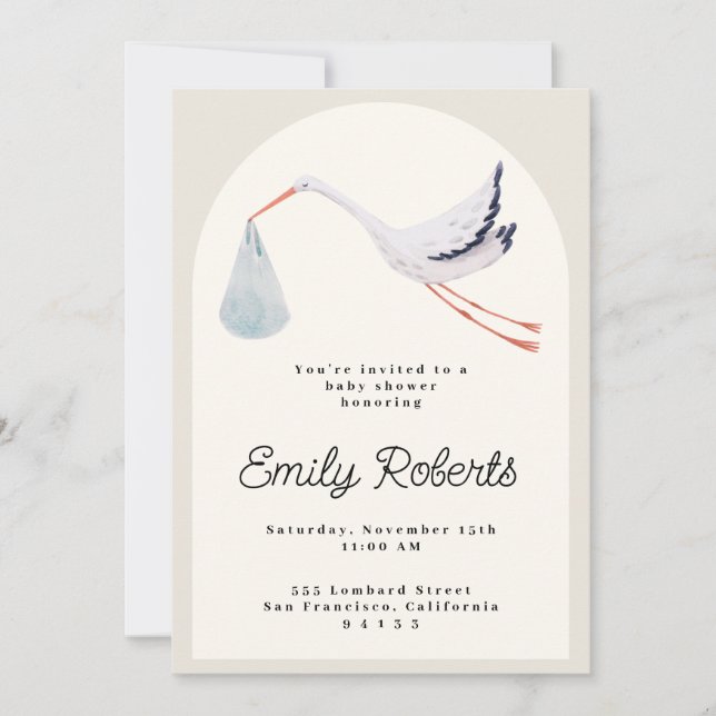 Watercolor Stork Neutral Baby Shower Invitation (Front)