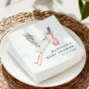Watercolor Stork Pink Girl Baby Shower Napkin