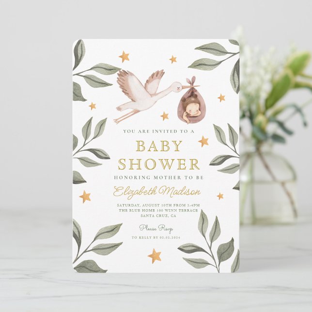 Watercolor Stork Stars Greenery Baby Shower Invitation (Creator Uploaded)