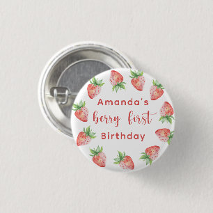 Watercolor strawberries 1st birthday party 1 inch round button