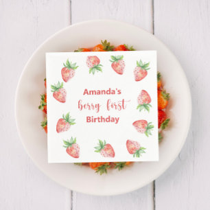 Watercolor strawberries 1st birthday party napkin