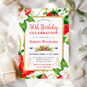 Watercolor Strawberries and Flowers 50th Birthday Invitation