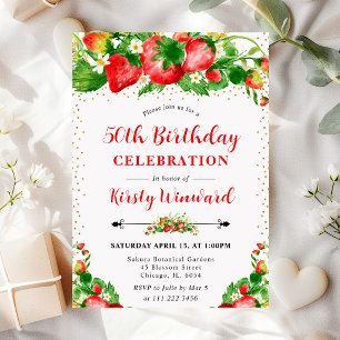 Watercolor Strawberries and Flowers 50th birthday Invitation