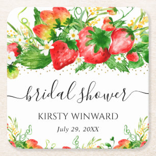 Watercolor Strawberries and Flowers Bridal Shower Square Paper Coaster