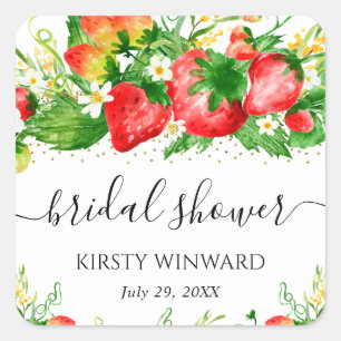 Watercolor Strawberries and Flowers Bridal Shower Square Sticker